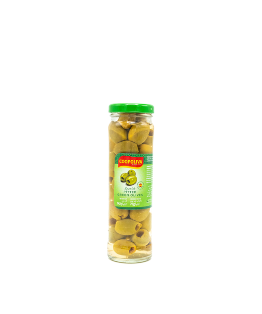 Jar of green olives with Coopul's label on a white background