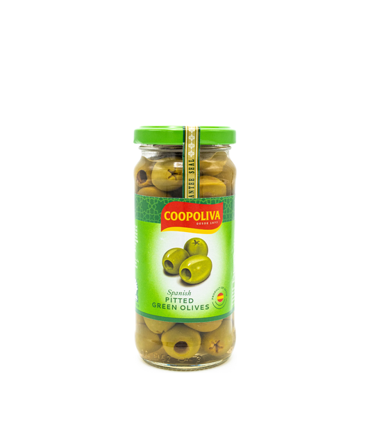 Jar of Coopoliva Spanish Pitted Green Olives on a white background