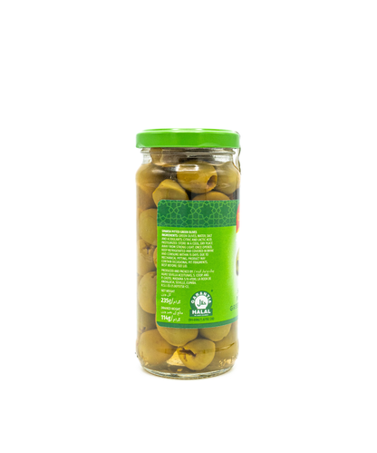 Jar of green olives with a green label on a white background