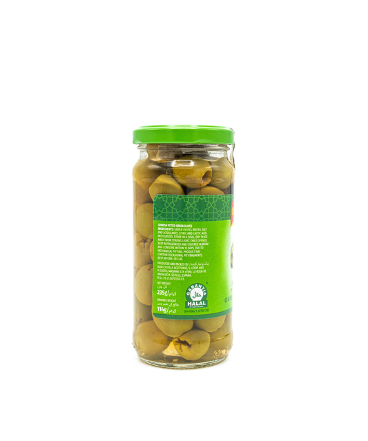 Jar of green olives with a green label on a white background