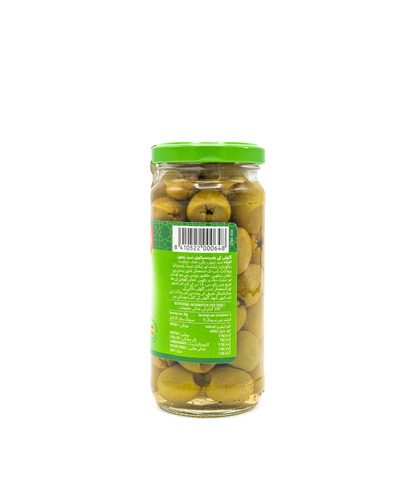 Jar of green olives with a green label on a white background