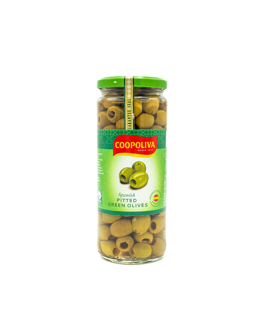 Jar of Coopoliva green olives on a white background