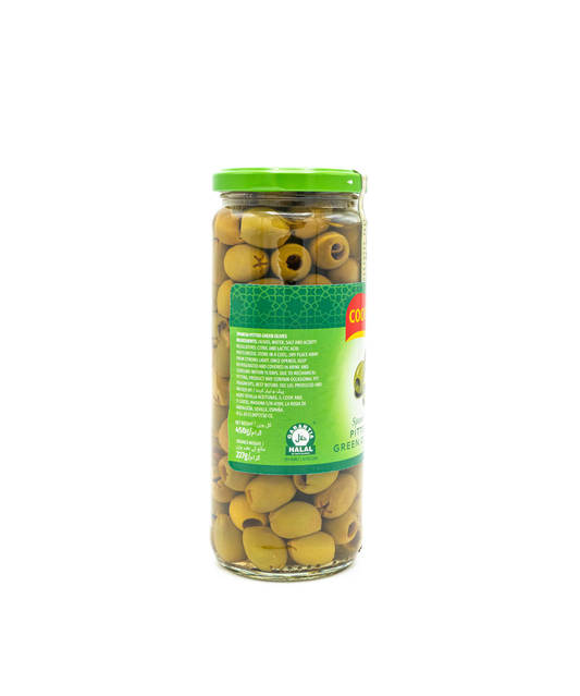 Jar of green olives with a green lid on a white background