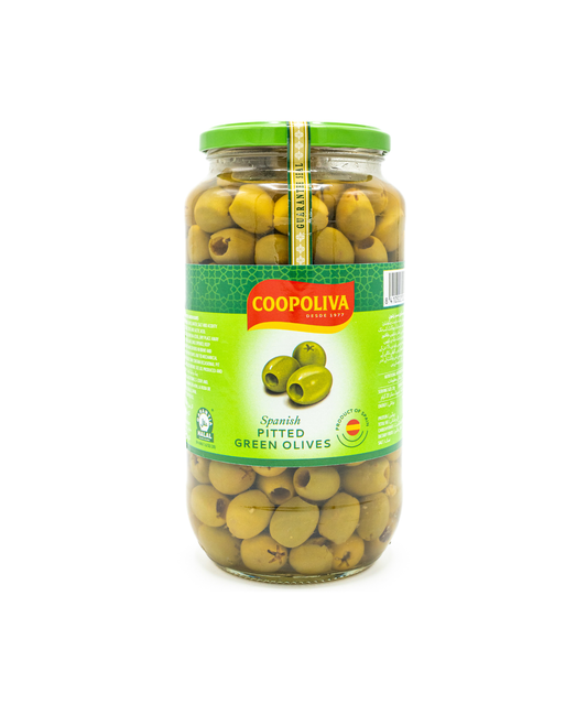 Jar of Coopoliva Spanish Pitted Green Olives on a white background