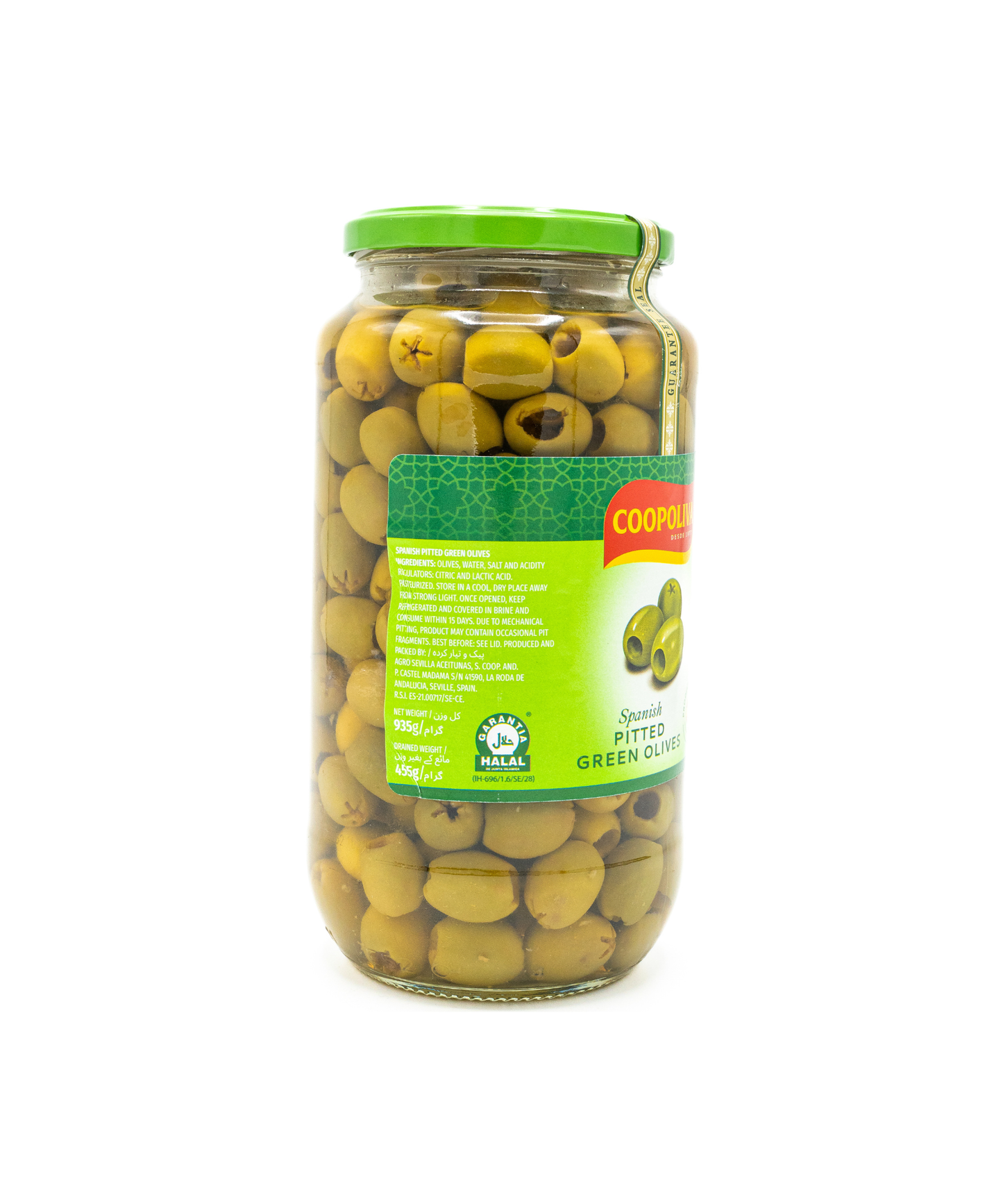 Jar of green olives with a green lid on a white background