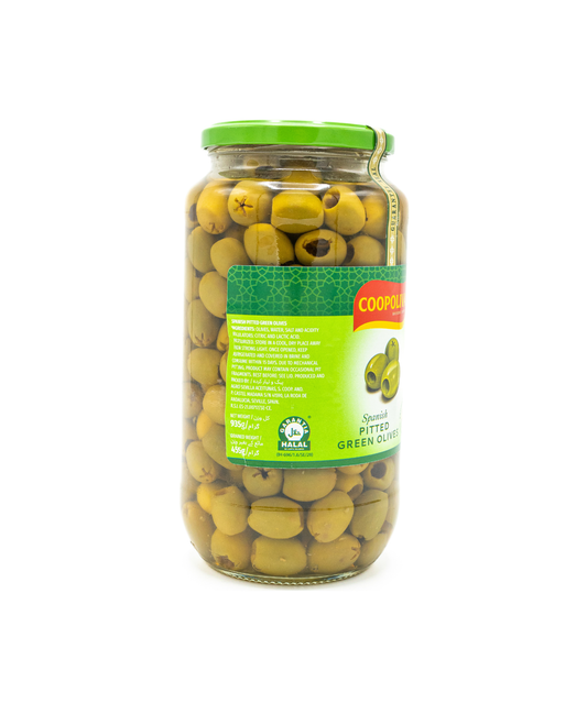 Jar of green olives with a green lid on a white background