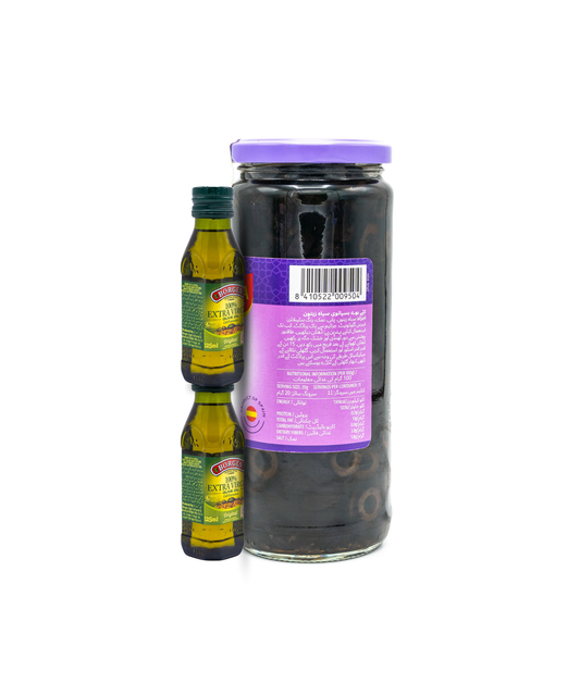 Jar of olives with a purple lid and olive oil bottle on a white background