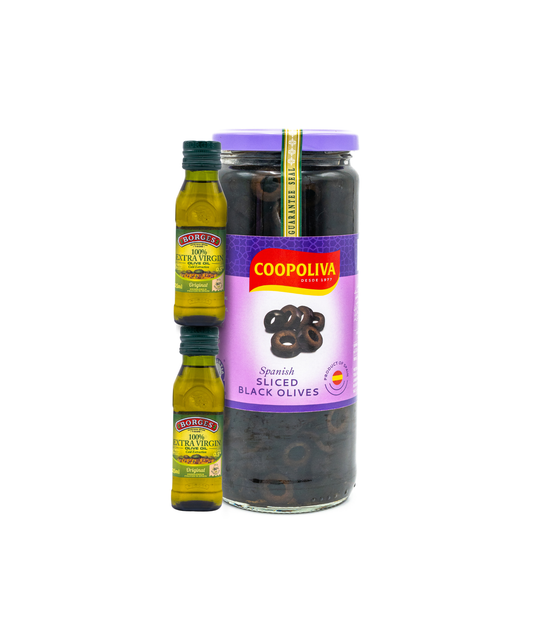 Two bottles of olive oil and a jar of Coopoliva Spanish Sliced Black Olives on a white background