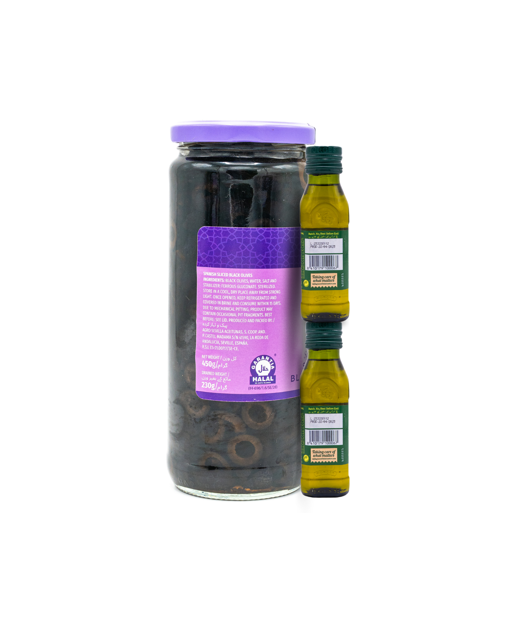 Two bottles of olive oil, one large jar, and a smaller bottle on a white background