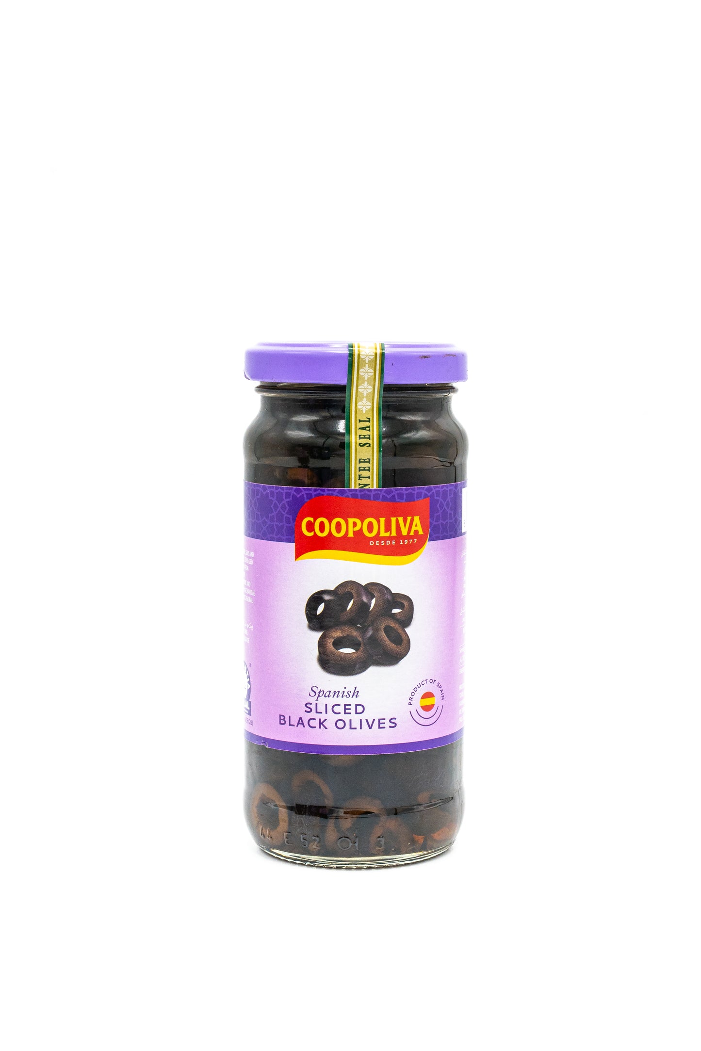 Jar of Coopoliva Spanish Sliced Black Olives on a white background