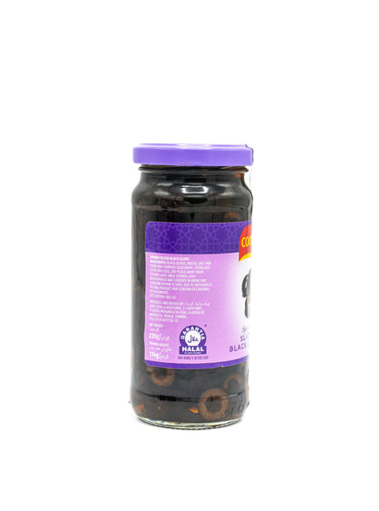 Jar of black olives with a purple label on a white background