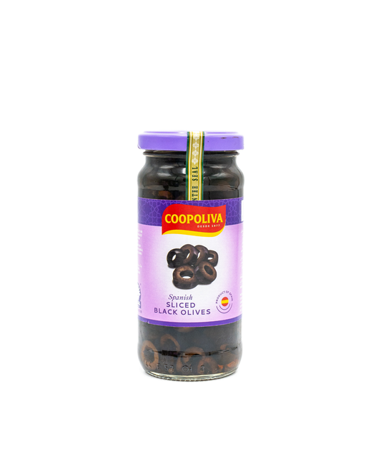 Jar of Coopoliva Spanish Black Olives on a white background
