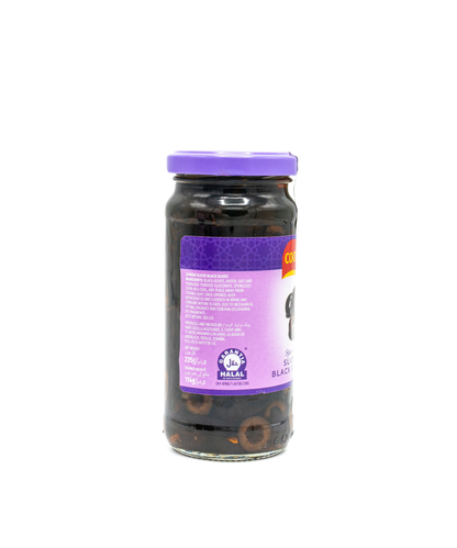 Jar of black olives with a purple lid on a white background