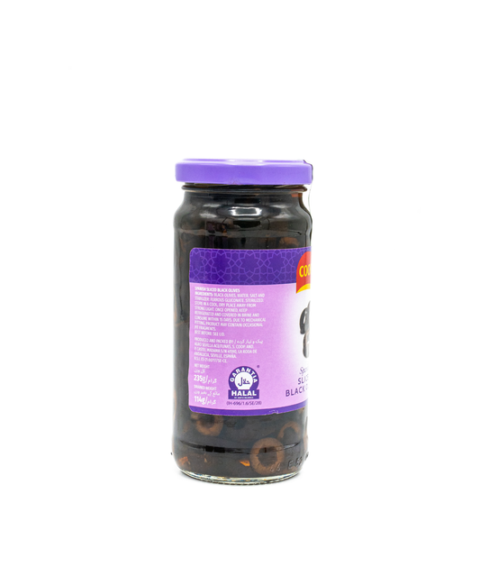 Jar of black olives with a purple lid on a white background