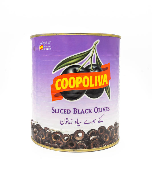Can of Coopoliva sliced black olives on a white background