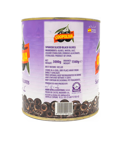 Can of Cooplnva Spanish Sliced Black Olives with label on a white background