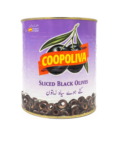 Can of Coopoliva sliced black olives on a white background