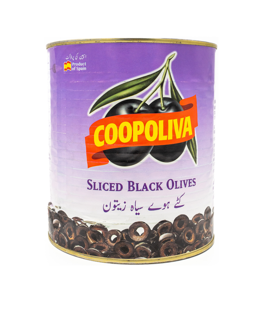 Can of Coopoliva sliced black olives on a white background