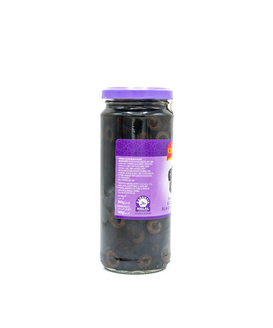 Jar of black olives with a purple label on a white background