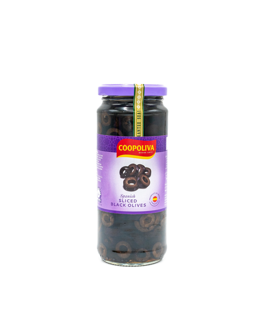 Jar of Coopuliva sliced black olives on a white background