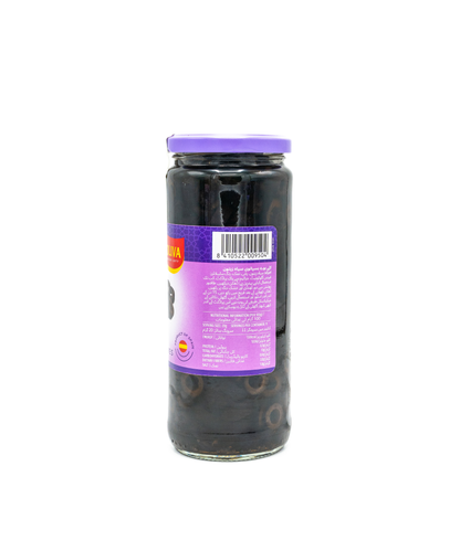 Jar of olives with a purple label on a white background