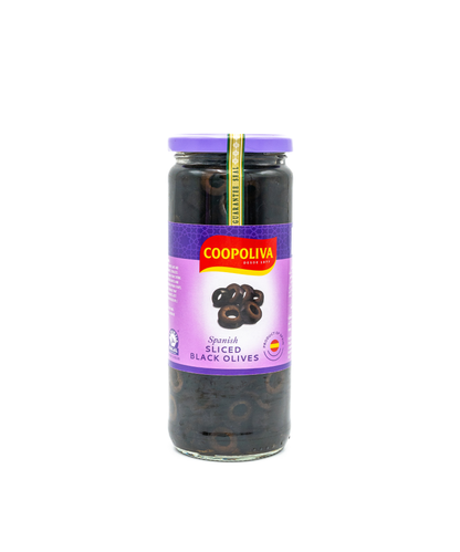 Jar of Coopoliva Spanish Sliced Black Olives on a white background