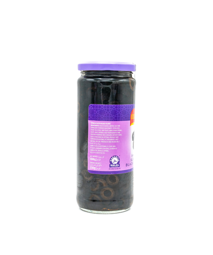 Jar of black olives with a purple label on a white background