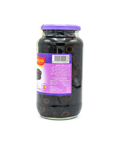Jar of black olives with a purple label on a white background