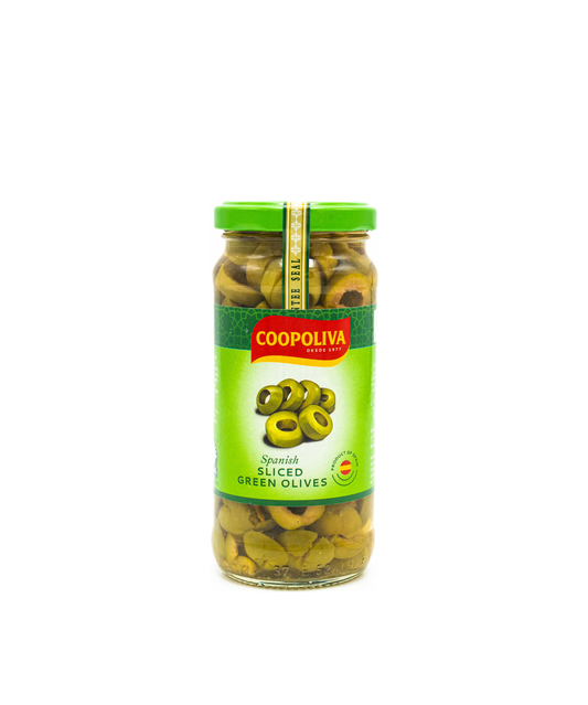 Jar of Coopoliva green olives on a white background