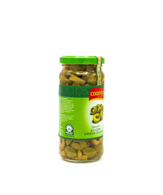 Jar of green olives with a green lid on a white background
