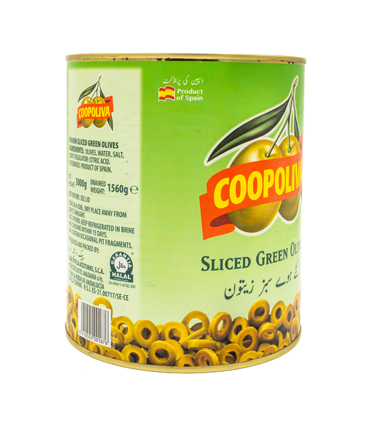 Can of Coopola sliced green olives on a white background