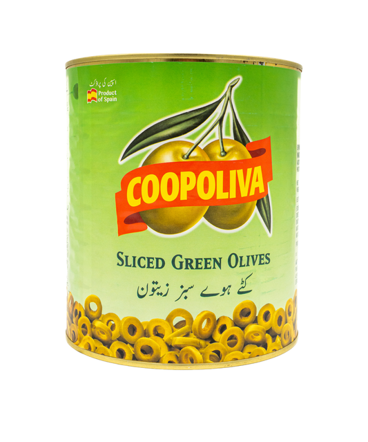 Can of Coopoliva sliced green olives on a white background