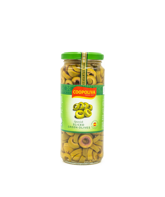 Jar of Coopoliva sliced green olives on a white background