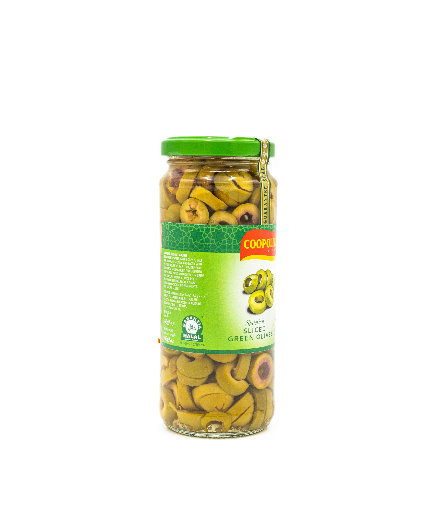 Jar of sliced green olives with a green lid on a white background