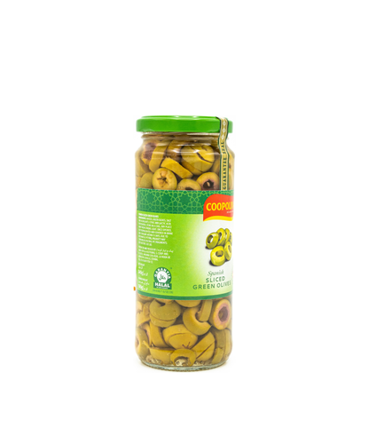 Jar of sliced green olives with a green lid on a white background