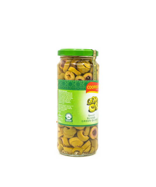 Jar of sliced green olives with a green lid on a white background