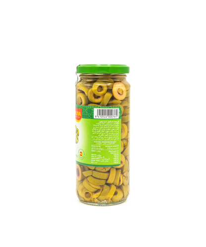 Jar of green olives with a green label on a white background