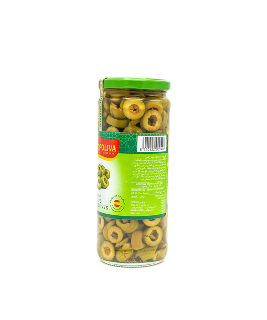 Jar of green olives with a visible brand label on a white background