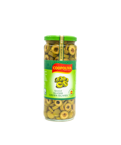 Jar of Coopoliva Spanish Sliced Green Olives on a white background