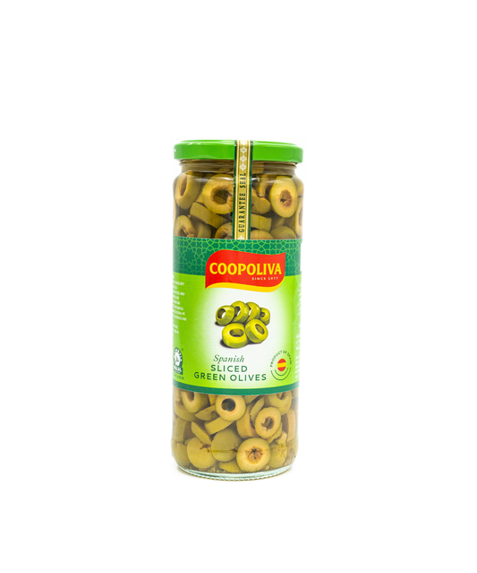 Jar of Coopoliva Spanish Sliced Green Olives on a white background