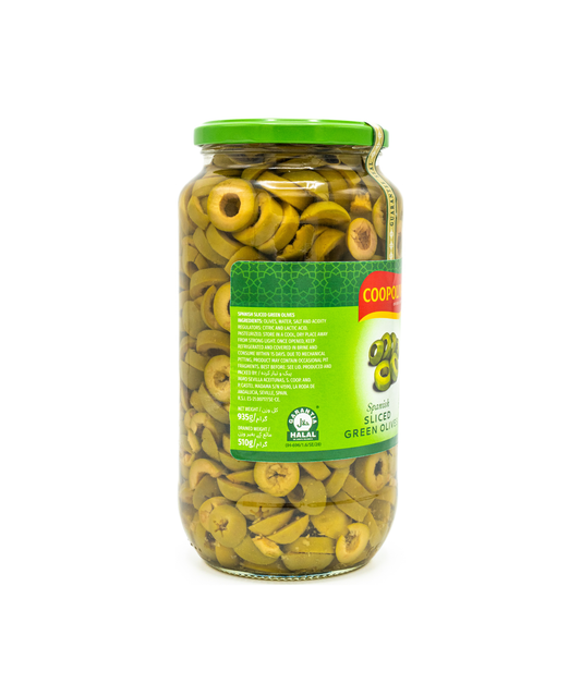 Jar of sliced green olives with a green lid on a white background