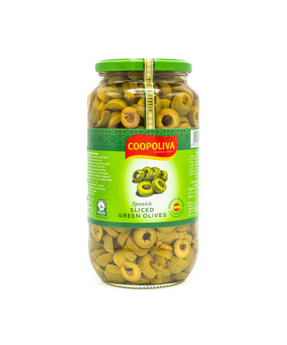 Jar of Coopoliva sliced green olives on a white background
