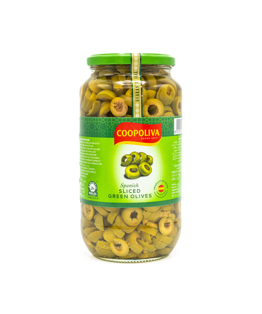 Jar of Coopoliva sliced green olives on a white background