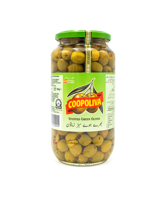Jar of Coopoliva stuffed green olives on a white background