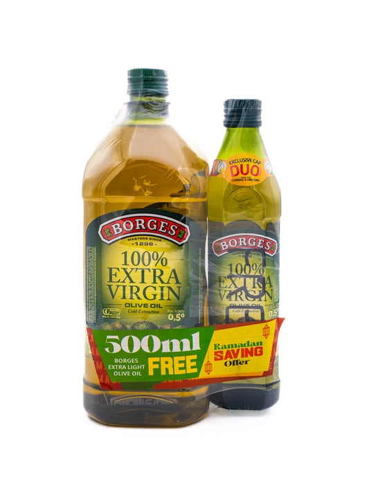 Two bottles of Borges 100% Extra Virgin Olive Oil on a white background