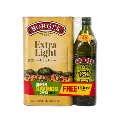 Borges olive oil packaging in Tin form and a bottle on a white background