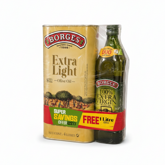 Borges olive oil packaging including a can and a bottle on a white background